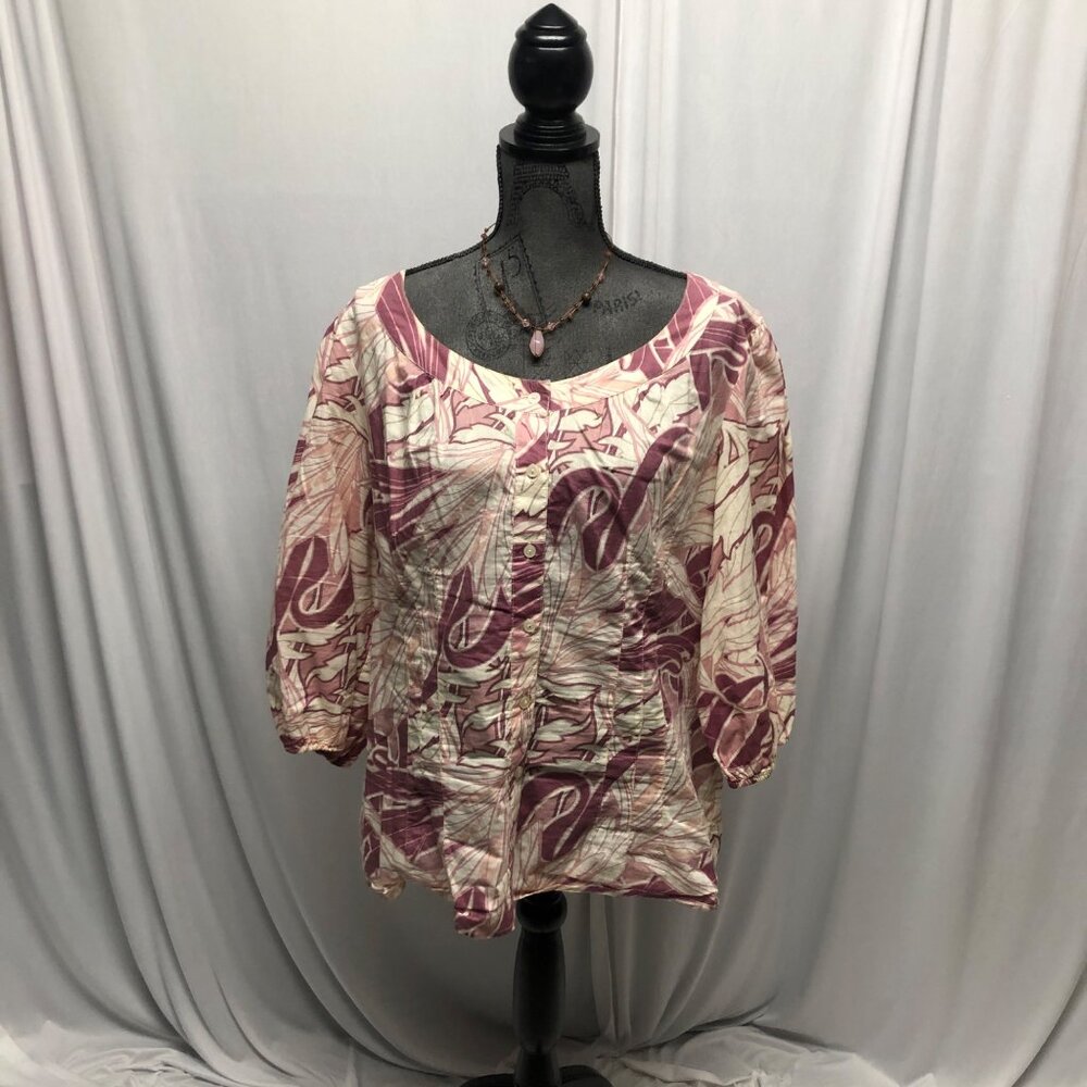 ANA Top Womens Size 1X Button Front Pink Cream Lightweight Cotton Balloon Sleeve